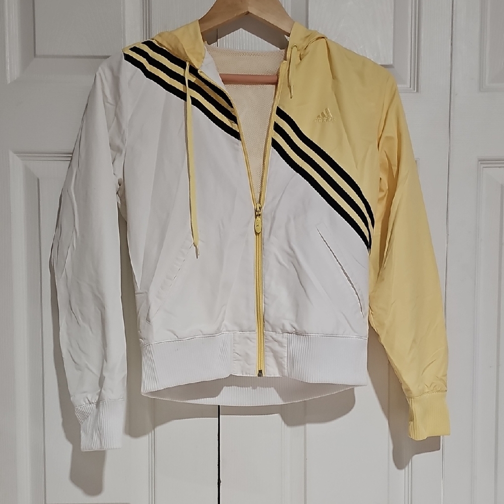 Adidas Zip-Up Windbreaker Jacket | Yellow & White | Hooded | Women’s S